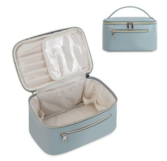 V888-ELOSUNG11965-211176-00 Blue PU Leather Large Capacity Makeup Bag - Waterproof & Multifunctional Handbag for Women - Image 1