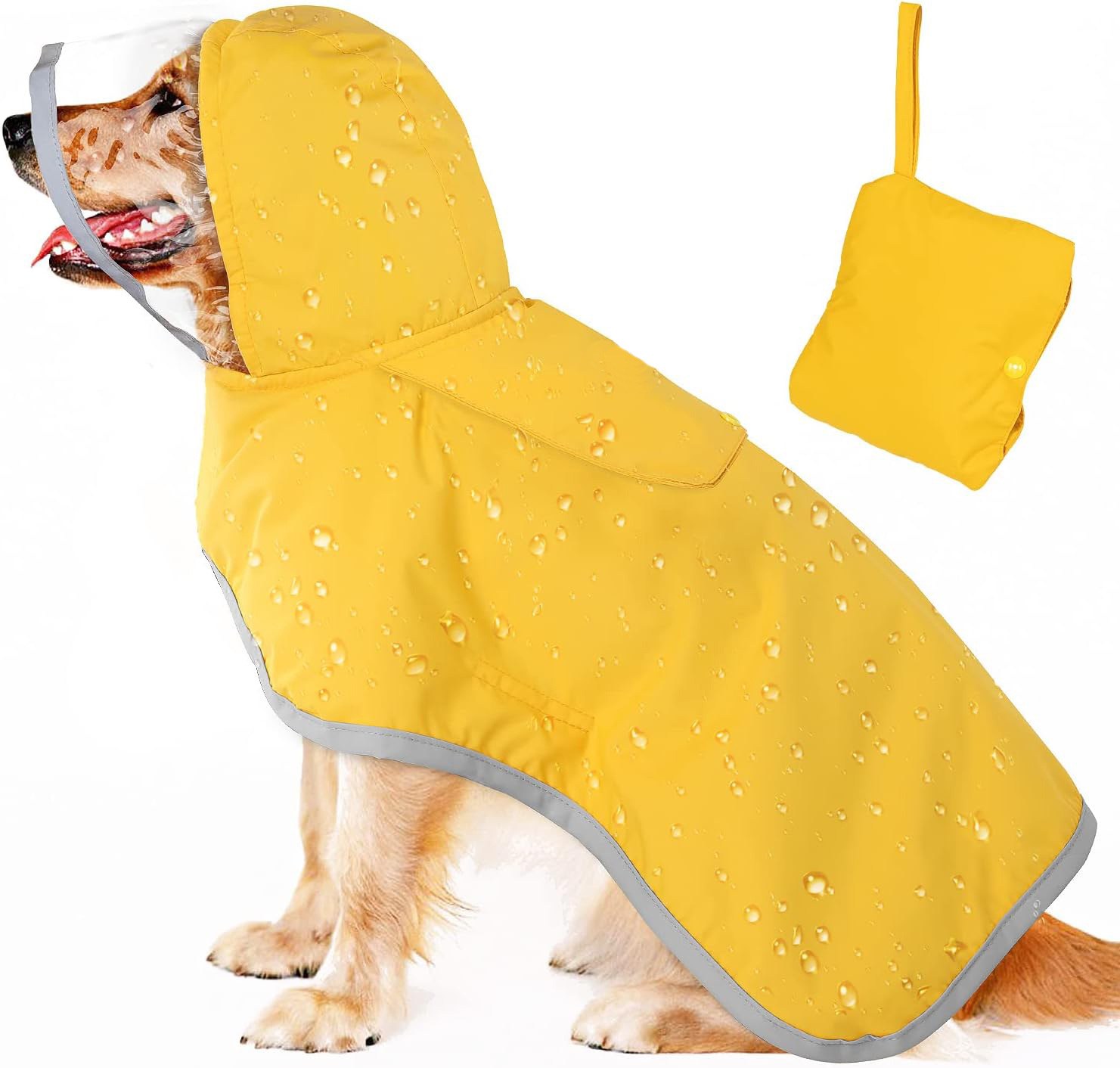 V888-ELOSUNG12118-210362-00 XXXL Yellow Reflective Adjustable Pet Raincoat with Hood - Waterproof Dog Jacket, Adjustable Dog Poncho for Outdoor Protection - Image 1