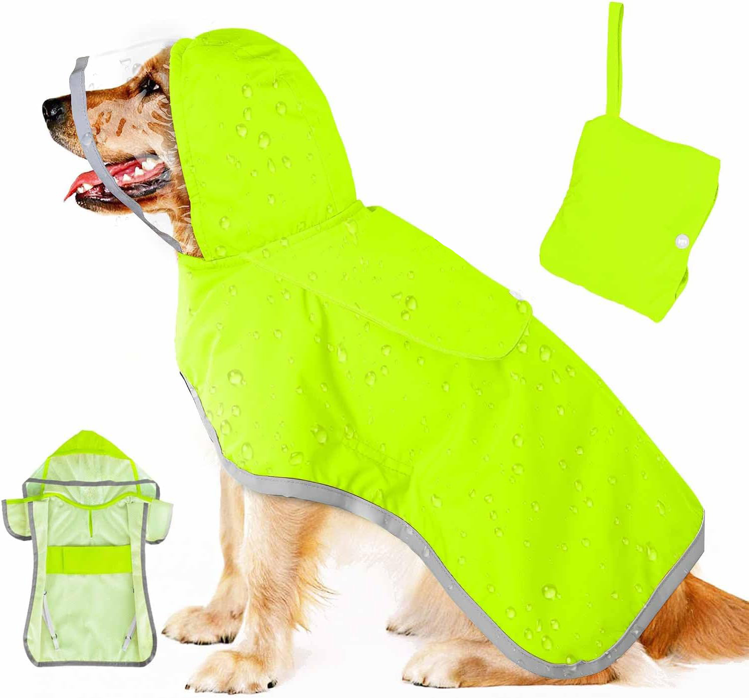 V888-ELOSUNG12122-210416-00 L Green Reflective Adjustable Pet Raincoat with Hood - Waterproof Dog Jacket, Adjustable Dog Poncho for Outdoor Protection - Image 1