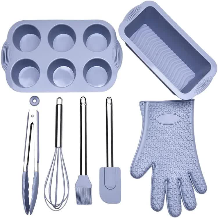 V888-ELOSUNG12269-211266-00 Grey 7-Piece Silicone Bakeware Set with Whisk, Spatula, Brush, Gloves, and Cake Molds for Home Baking - Image 1