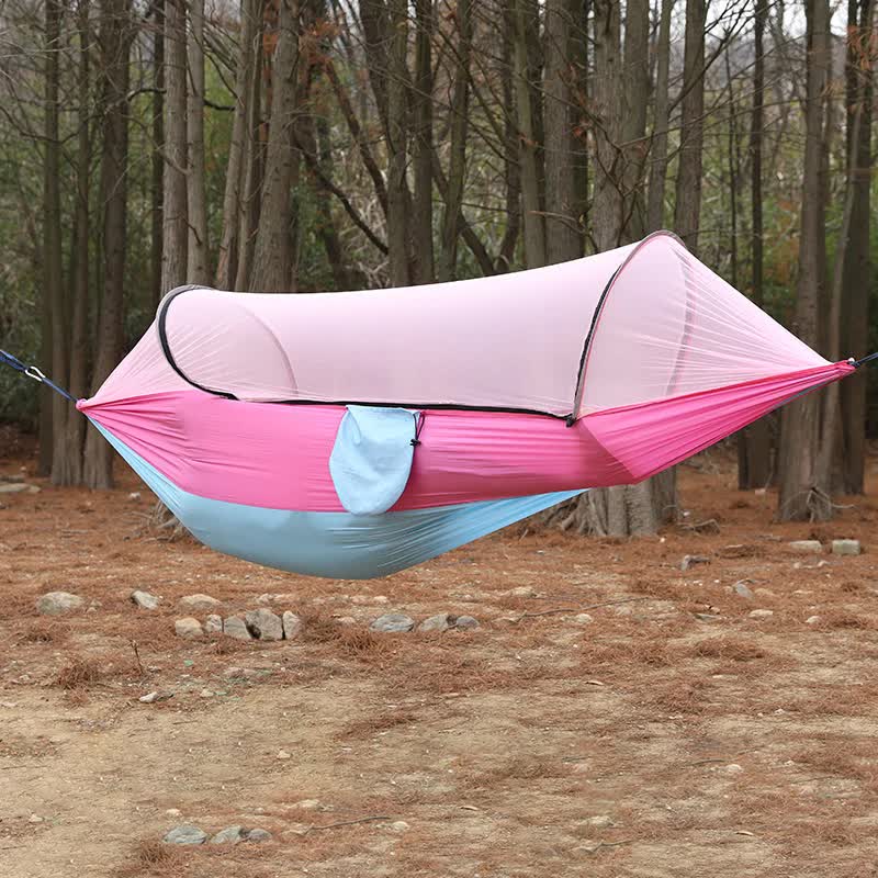 V888-ELOSUNG12298-211141-00 Pink Outdoor Camping Hammock with Mosquito Net, Anti-Tip Nylon Fabric, Single/Double Person Quick-Setup Hammock - Image 1