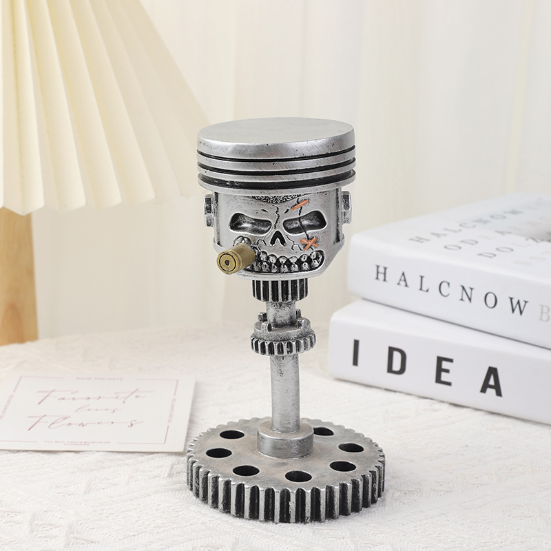 V888-ELOSUNG12307-211454-00 Piston Skull Face Sculpture, Resin Gear Decor, Industrial Style Home Decoration - Image 1