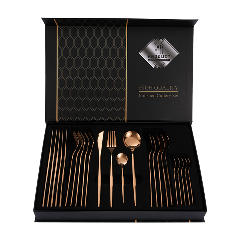 V888-ELOSUNG12355-212040-00 Rose Gold Color Premium 24-Piece Stainless Steel Cutlery Set - Elegant Golden Steak Knife, Fork, and Spoon Set in Luxury Gift Box - Image 1
