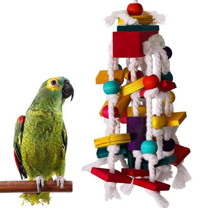 V888-ELOSUNG12402-211749-00 Colorful Parrot Toy with Wooden Beads, Blocks, and Cotton Rope - Chewing and Climbing Fun for Birds - Image 1