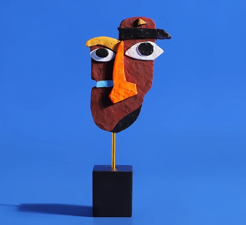 V888-ELOSUNG12471-212086-00 16*10*30cm Brown Modern Abstract Face Sculpture - Colorful Resin Art Statue for Home & Office Decor - Image 1