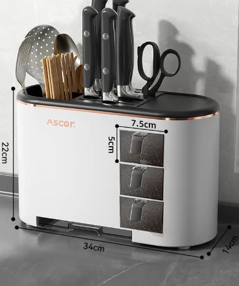 V888-ELOSUNG12596-214068-00 Black All-in-One Kitchen Knife and Utensil Holder - Multi-Functional Organizer with Storage Drawers - Image 1