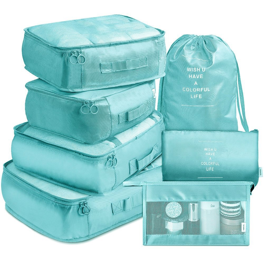 V888-ELOSUNG12614-212544-00 Light Blue Travel Packing Cube Set - 7-Piece Luggage Organizer for Clothes, Toiletries, and Accessories - Image 1