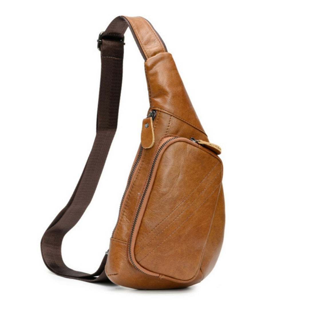 V888-ELOSUNG12656-212657-00 Brown Men's Leather Sling Backpack - Casual Crossbody Chest Bag - Image 1
