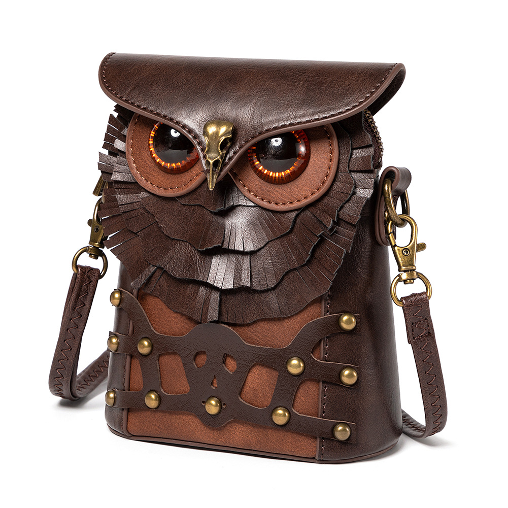 V888-ELOSUNG12770-212931-00 Handcrafted Leather Owl Crossbody Bag – Unique Retro Design Shoulder Purse for Women - Image 1