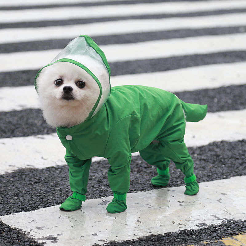 V888-ELOSUNG12791-213368-00 M Green Waterproof Full-Cover Pet Raincoat with Hood and Booties - Image 1