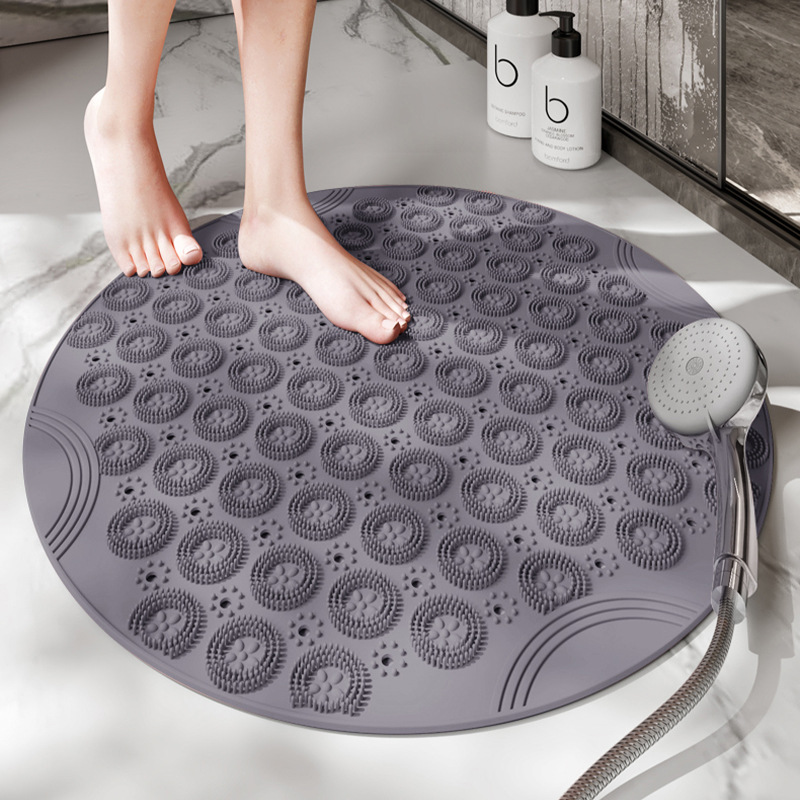 V888-ELOSUNG12813-213439-00 Grey Non-Slip Round Shower Foot Scrubber Mat - Soft Silicone Massage Pad for Foot Cleaning - Image 1