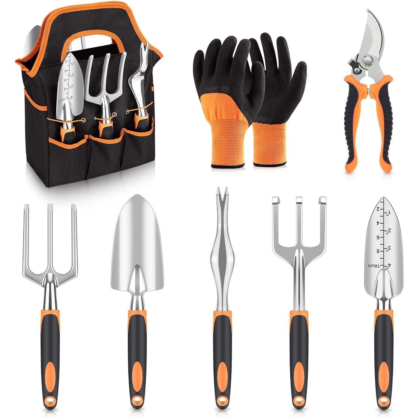 V888-ELOSUNG12840-213562-00 Orange 8-Piece Heavy-Duty Gardening Tool Set with Ergonomic Handles and Storage Bag - Image 1