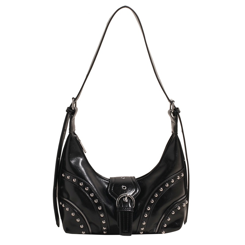 V888-ELOSUNG12845-213533-00 Black Vintage Studded PU Leather Shoulder Bag with Adjustable Strap - Image 1