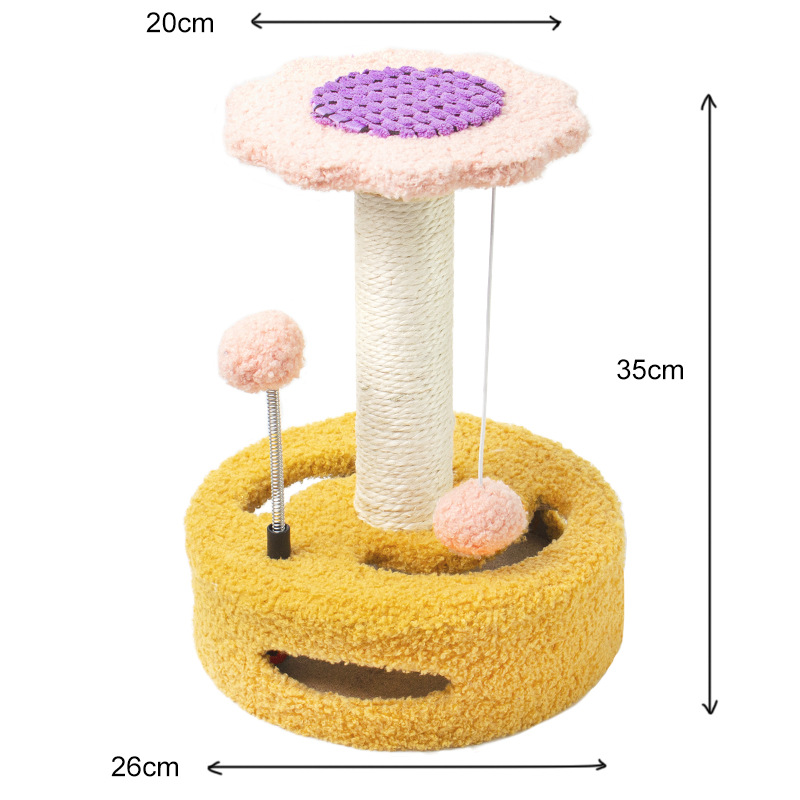 V888-ELOSUNG12938-213986-00 Yellow-pink Interactive Cat Scratching Post with Playful Ball Toys, Flower Design - 35cm Height, 26cm Base - Image 1