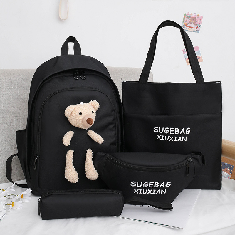 V888-ELOSUNG13123-210267-00 Black Cute Little Bear Girls' Backpack Set - Korean Style Large Capacity School Bag for High School & Middle School Students, 4-Piece Set - Image 1