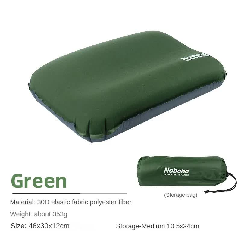 V888-ELOSUNG13227-210730-00 Dark Green Automatic Inflatable 3D Outdoor Sponge Pillow - Portable Camping Travel Neck Cushion, Comfortable Air Mattress for Tent, Versatile Nap Pillow - Image 1
