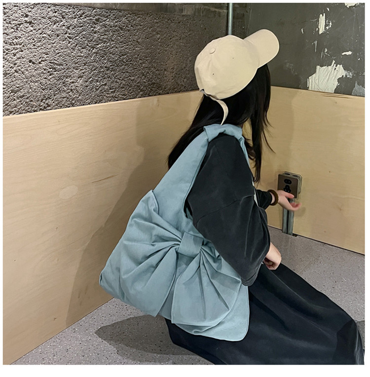 V888-ELOSUNG13288-211077-00 Blue Women's Bowknot Shoulder Bag - New Sweet Style, Large Capacity Canvas Tote Bag, Commuter Single Shoulder Handbag - Image 1