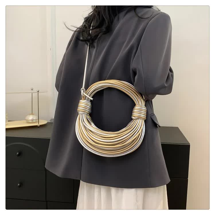 V888-ELOSUNG13291-211083-00 Golden And Sliver Fashionable Candy Color Handbag - Crossbody Women's Woven Bag with Unique Line Design - Image 1