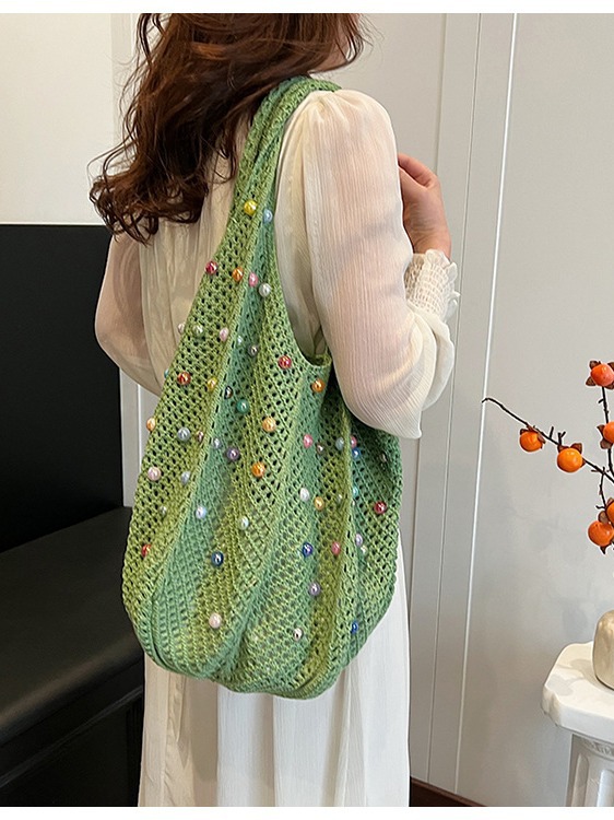 V888-ELOSUNG13294-211100-00 Green Summer Woven Handbag - Hollow Straw Beach Tote with Colorful Beads, Lazy Style, Large Capacity Shoulder Bag for Vacation - Image 1