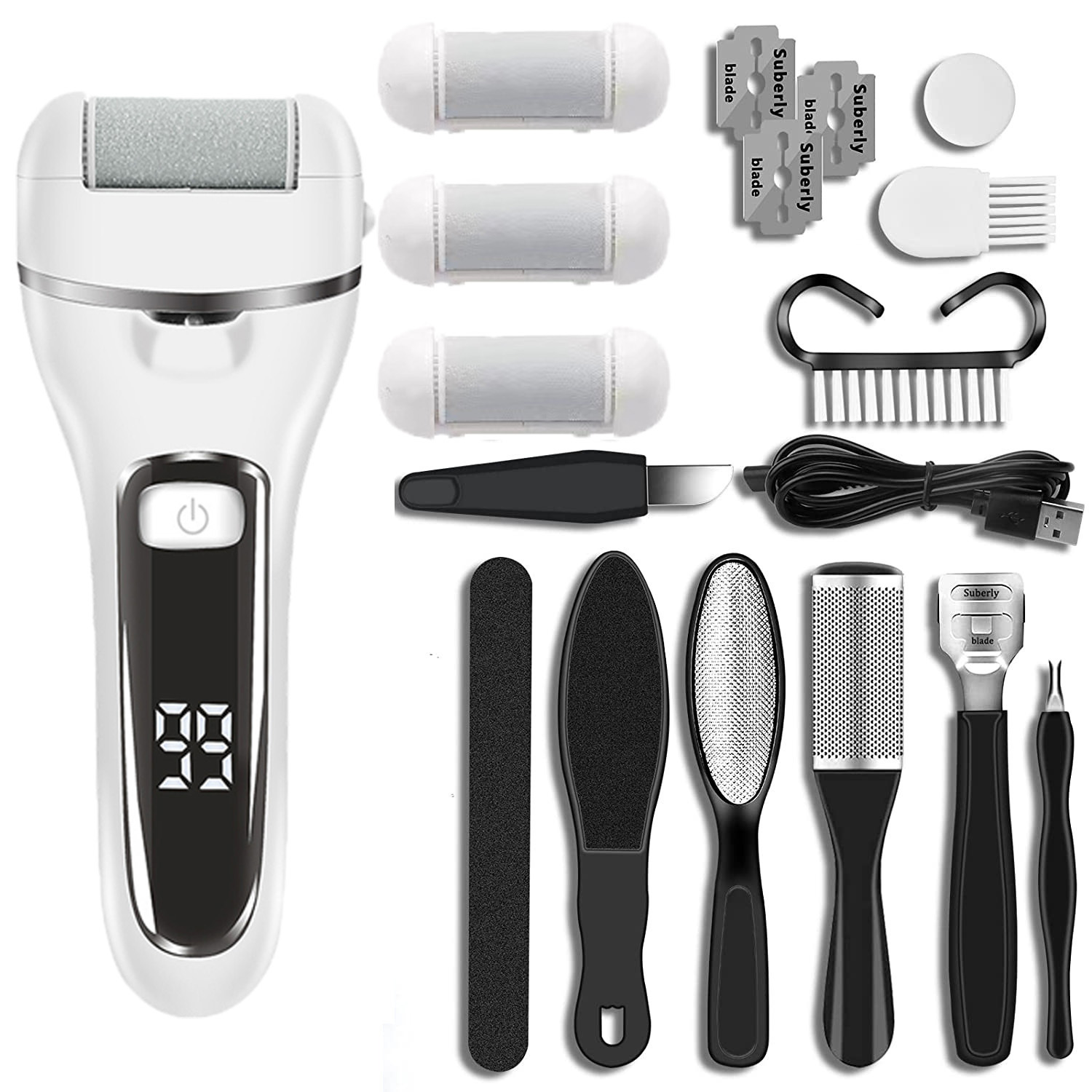 V888-ELOSUNG13330-211137-00 White 10 Pcs Suit Electric Foot Callus Remover with LCD Display | Waterproof Pedicure Set | Dual-Speed Dead Skin Exfoliator for Smooth Feet - Image 1