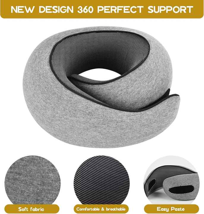 V888-ELOSUNG13350-211382-00 Light Gray Velcro Tape Memory Foam U-Shaped Neck Pillow - Snail Travel Cushion for Airplane, Office Nap, and Travel - Adjustable with Magnetic Therapy Cloth - Image 1