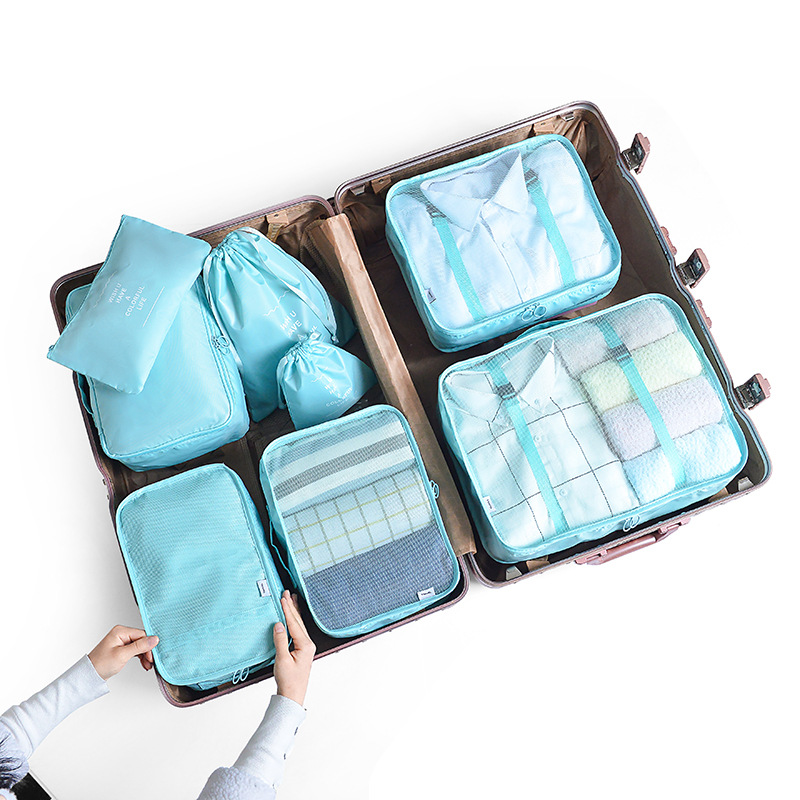 V888-ELOSUNG13359-211445-00 Light Blue 8-Piece Travel Organizer Set – Packing Bags for Clothes, Shoes, Underwear, and Toiletries with Drawstring and Zip Pouches - Image 1