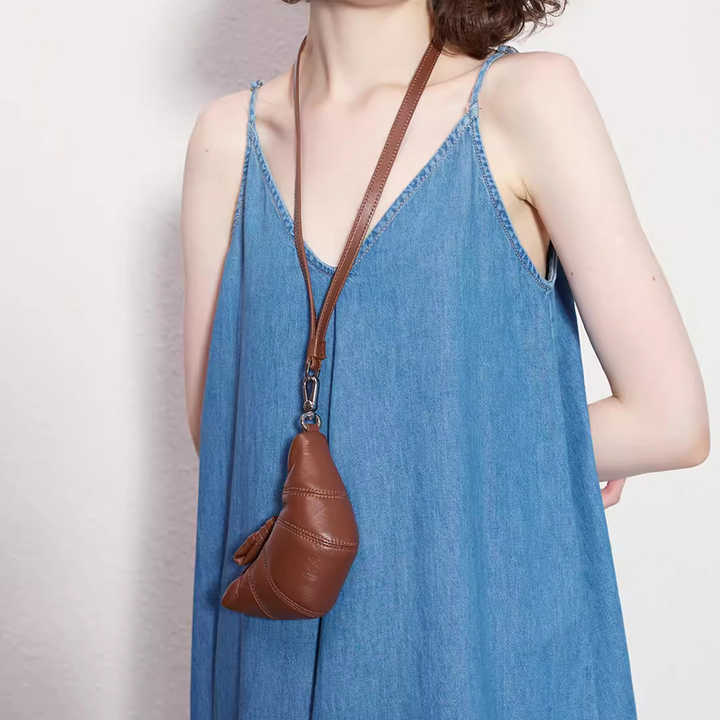 V888-ELOSUNG13523-211826-00 Brown Cute Crossbody Coin Purse | Mini Croissant Design Shoulder Bag | Small PU Leather Portable Makeup & Earphone Pouch - Image 1