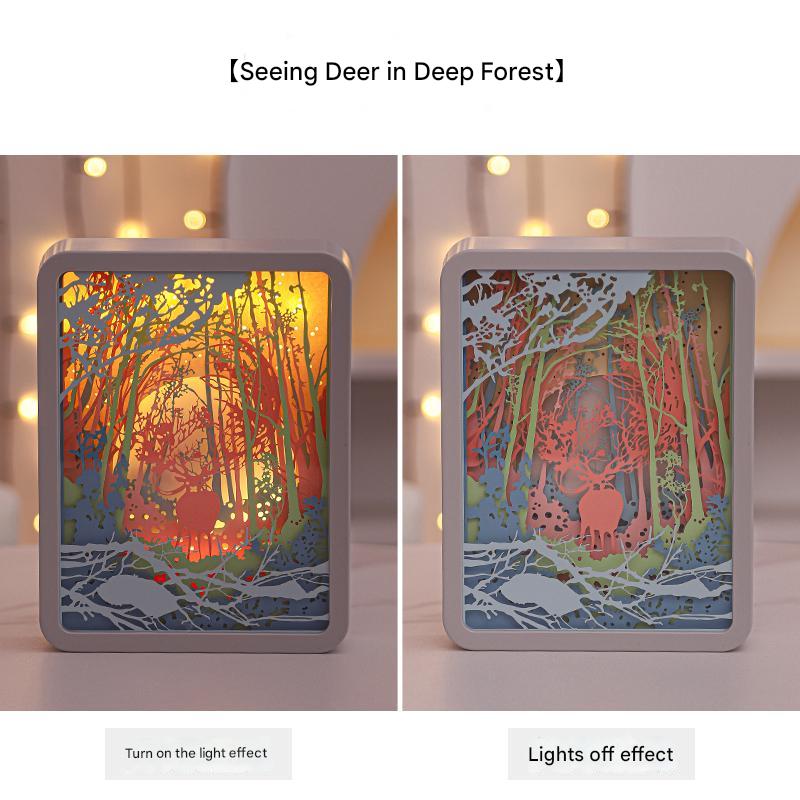 V888-ELOSUNG13582-212271-00 Deer in the Deep Forest 3D Paper Carving Night Light - USB Or Battery Powered Decorative Bedside Lamp | Atmosphere Lamp for Bedroom | Creative Starry Night and Little Prince Design Gift - Image 1