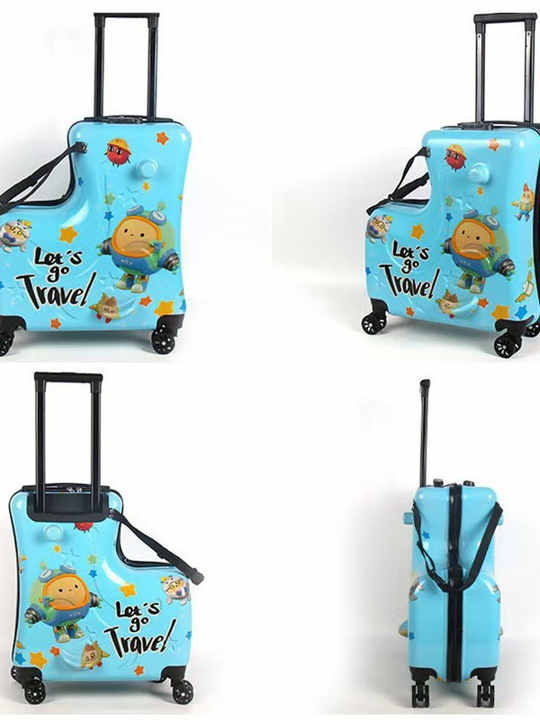 V888-ELOSUNG13613-212467-00 Blue Kids Ride-On Luggage - 20-Inch Cartoon Travel Suitcase with Footrest, Durable Rolling Carry-On for Children - Image 1