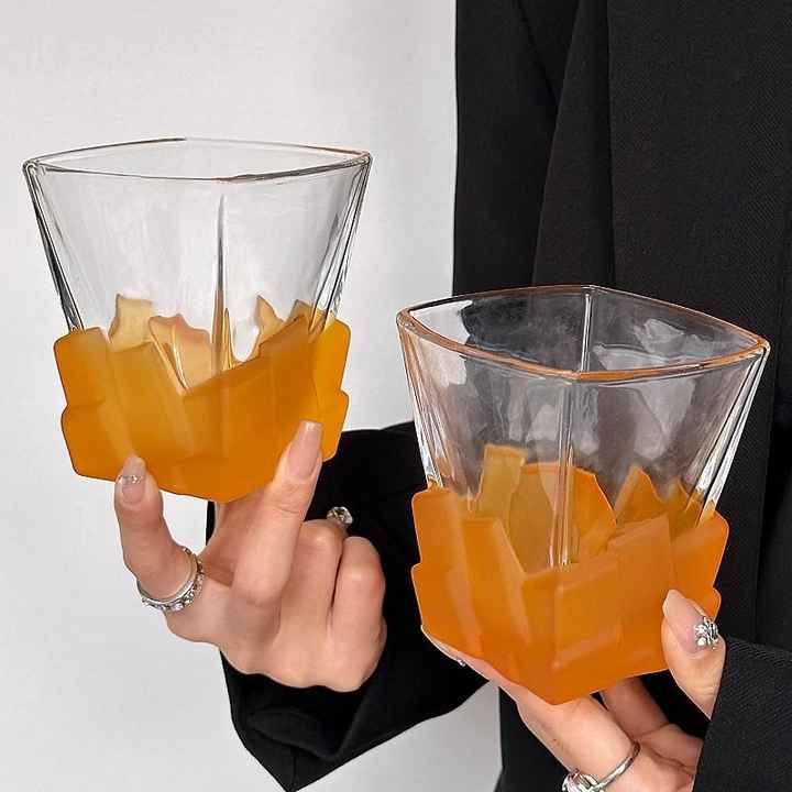 V888-ELOSUNG13619-212474-00 4 Pcs Orange Frosted Ice Cube Glass - Creative Whiskey Glass, Premium Textured Tumbler, 300ml Capacity for Home Bars - Image 1