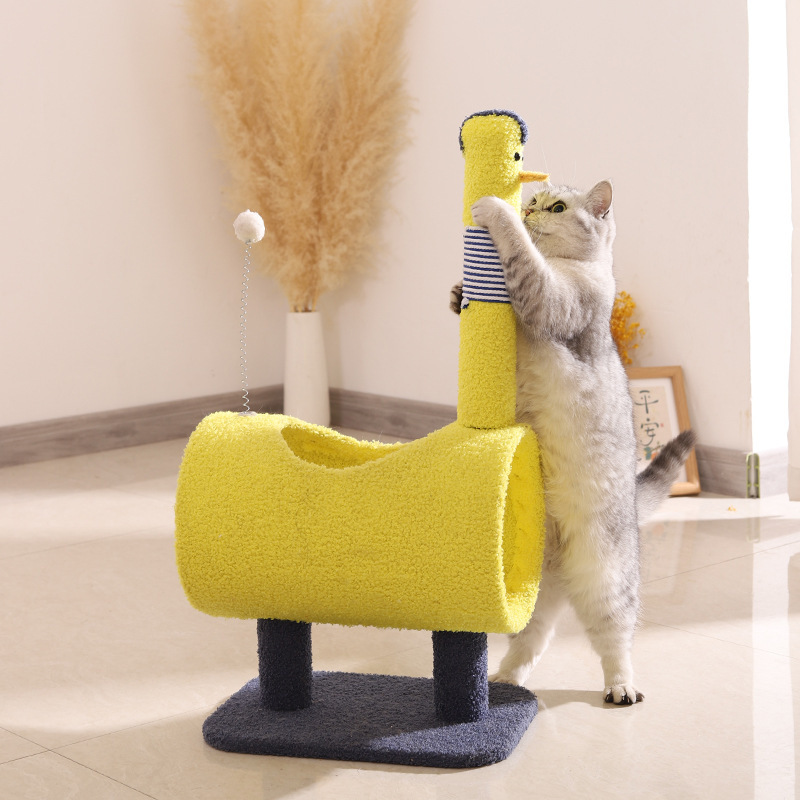 V888-ELOSUNG13622-212318-00 Yellow Chicken-Theme Cat Tree with Tunnel - Multi-Functional Cat Scratching Post and Playhouse - Image 1