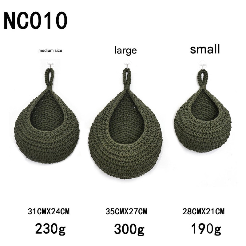 V888-ELOSUNG13640-212356-00 Green 3-Piece Wall-Mounted Cotton Rope Storage Baskets – Large, Medium, and Small Hand-Woven Fruit/Vegetable/Storage Nets (Large weight 300g, Medium weight 230g, Small weight 200g) - Image 1