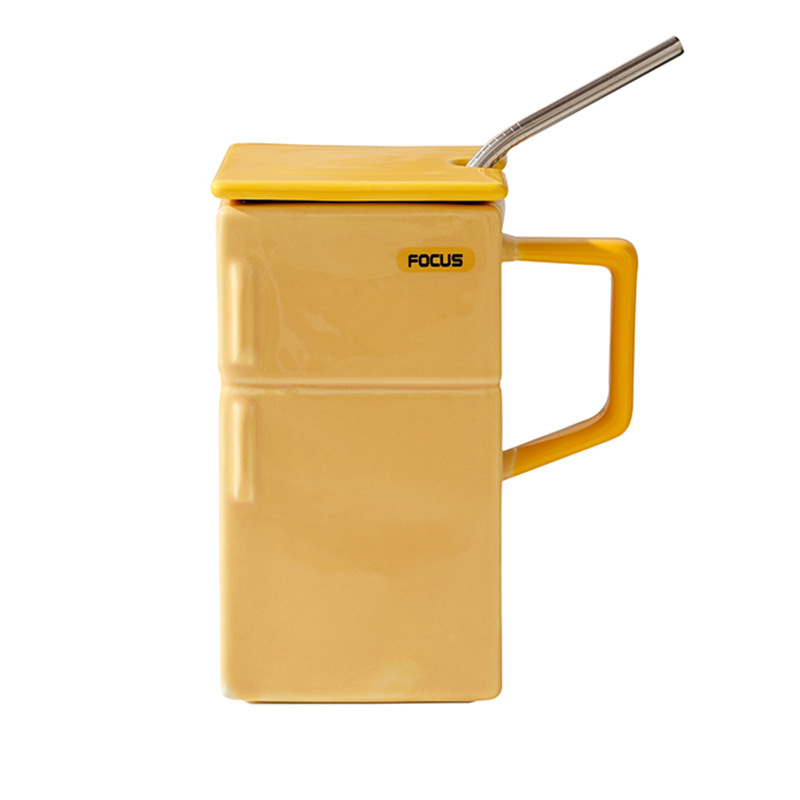 V888-ELOSUNG13718-212724-00 Yellow Creative Retro Refrigerator Ceramic Mug with Lid and Straw - 550ml Coffee Cup - Unique Gift for Couples or Office Use - Image 1