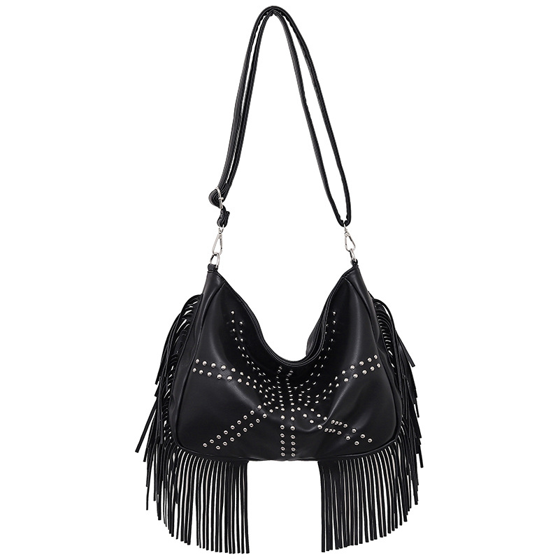 V888-ELOSUNG13833-212854-00 Black Trendy Rivet Fringe Shoulder Bag – Large Capacity Soft Leather Handbag for Women, Perfect for Travel and Leisure - Image 1