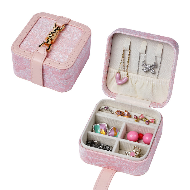 V888-ELOSUNG13839-212912-00 Pink Portable Vintage Embossed Jewelry Box - Flip-Top Necklace, Ring, and Earring Organizer with Elegant Design(The Jewelry is a prop for the photo shoot and is not included) - Image 1