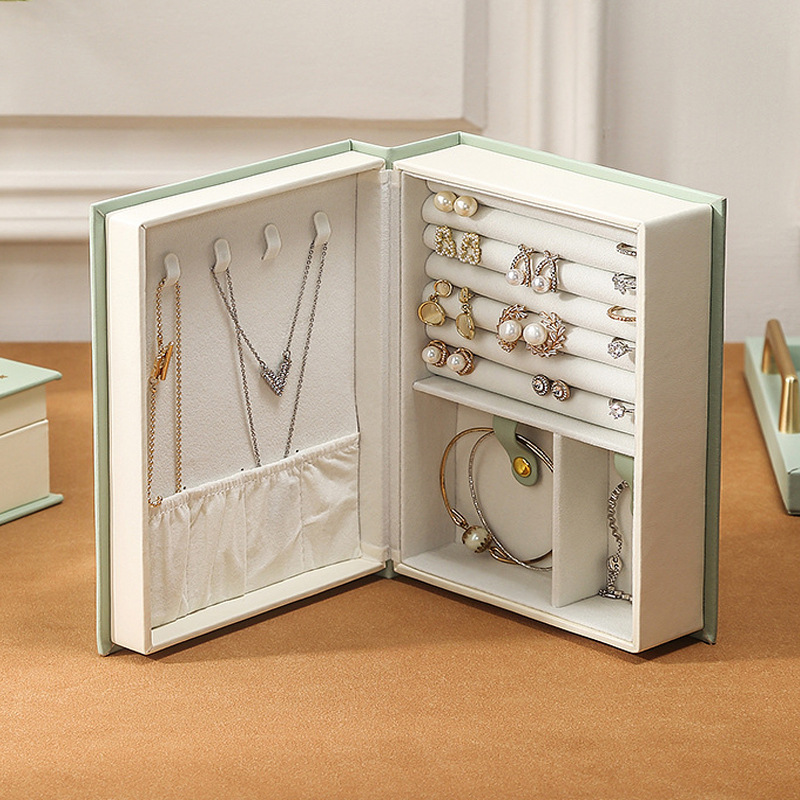 V888-ELOSUNG13840-212908-00 Light Green Creative PU Jewelry Storage Book - Magnetic Closure Organizer for Earrings, Rings, and Necklaces(The Jewelry is a prop for the photo shoot and is not included) - Image 1