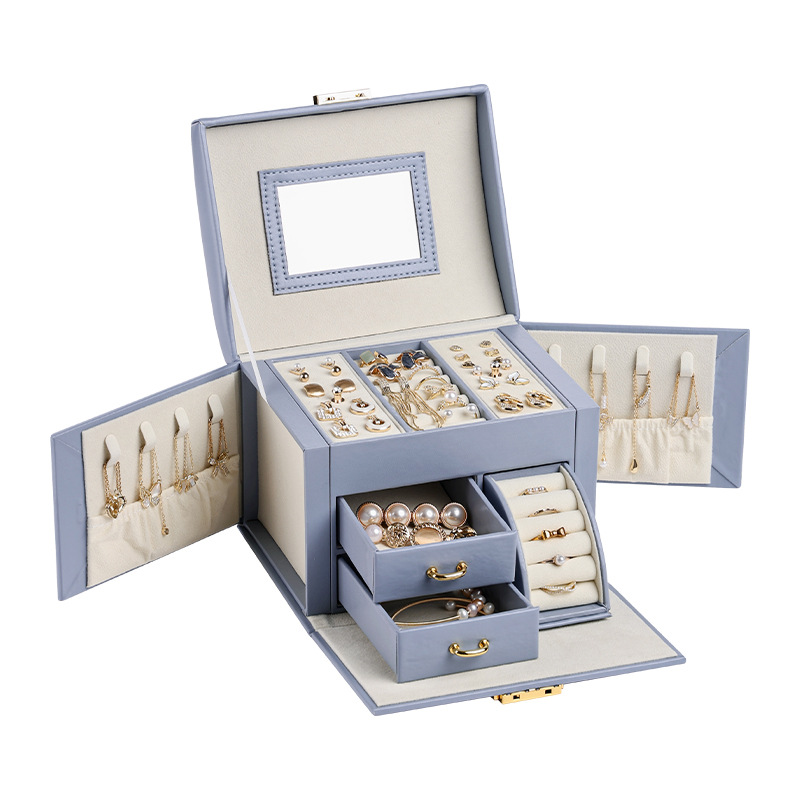 V888-ELOSUNG13843-212976-00 Light Blue Luxury PU Leather Jewelry Storage Box - 3-Tier Organizer with Mirror for Necklaces, Earrings, and Rings(Jewelry is a photo prop and is not included) - Image 1