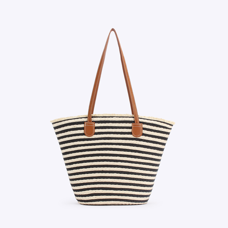V888-ELOSUNG13947-213782-00 Black And White Stripes Handmade Large Capacity Striped Beach Tote Bag with Zipper and Inner Pocket - Summer Vacation Woven Shoulder Bag for Women - Image 1
