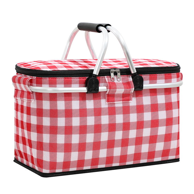 V888-ELOSUNG15017-211462-00 Insulated Picnic Basket with Aluminum Frame - Portable Collapsible Cooler Bag 18L 40*20*23cm(Red plaid) - Image 1