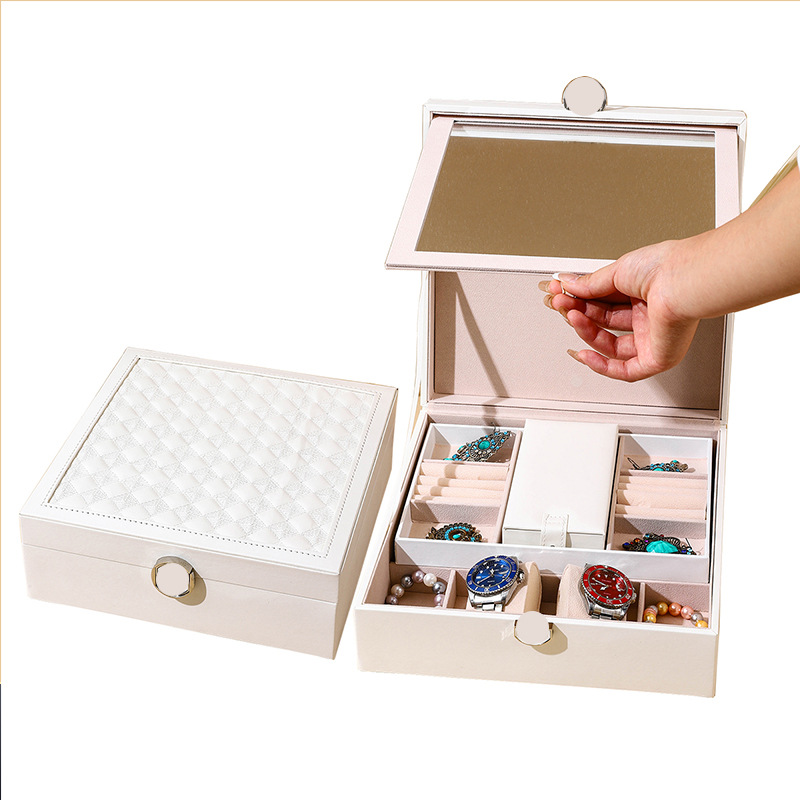 V888-ELOSUNG15441-213745-00 White Luxury Quilted Jewelry Storage Box with Mirror and Multi-Layer Compartments - Image 1
