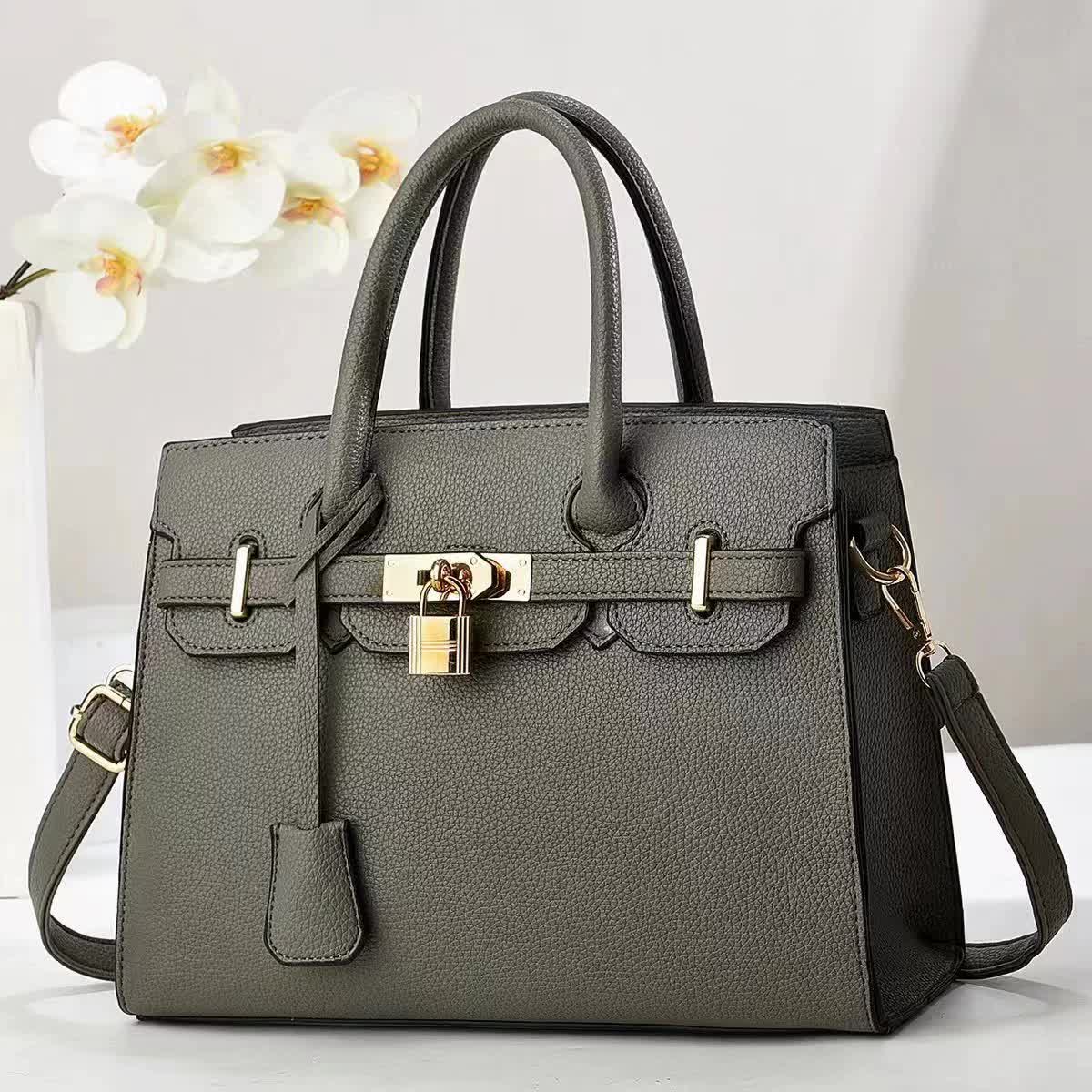 V888-ELOSUNG15521-214170-00 Gray Elegant PU Leather Handbag with Lock Decoration - Structured Tote Bag for Women - Image 1