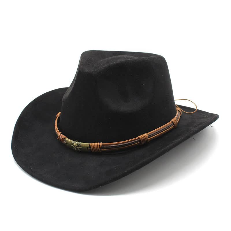 V888-ELOSUNG15776-215749-00 Black Unisex Faux Suede Western Cowboy Hat - Wide Brim Vintage Fedora for Outdoor Travel,M(57-58cm) - Image 1