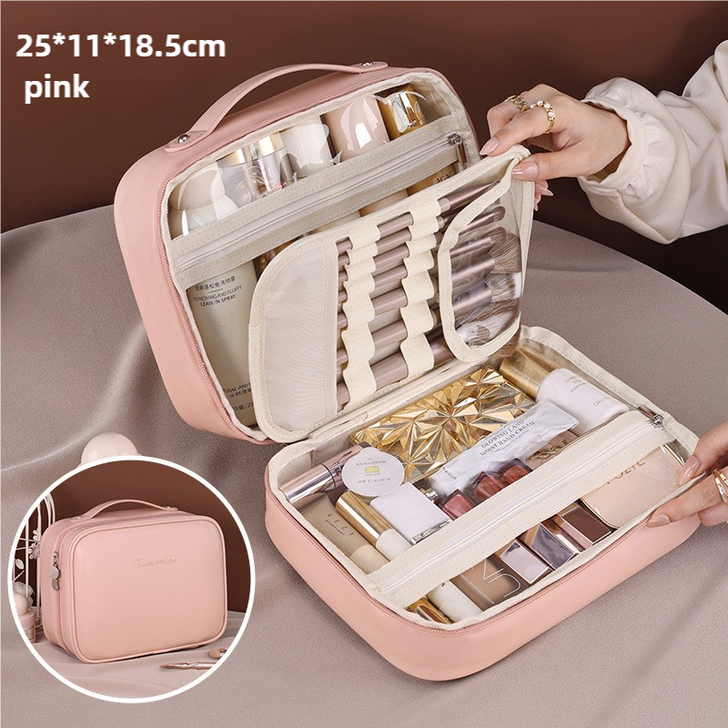 V888-ELOSUNG15869-216126-00 Pink Portable PU Leather Makeup Bag with Detachable Divider - Travel Cosmetic Organizer - Image 1