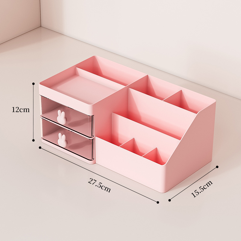 V888-ELOSUNG15935-216395-00 Pink Drawer-Style Cosmetic Organizer - Multifunctional Jewelry Storage Box for Desk - Minimalist Desk Organizer for Students - Image 1