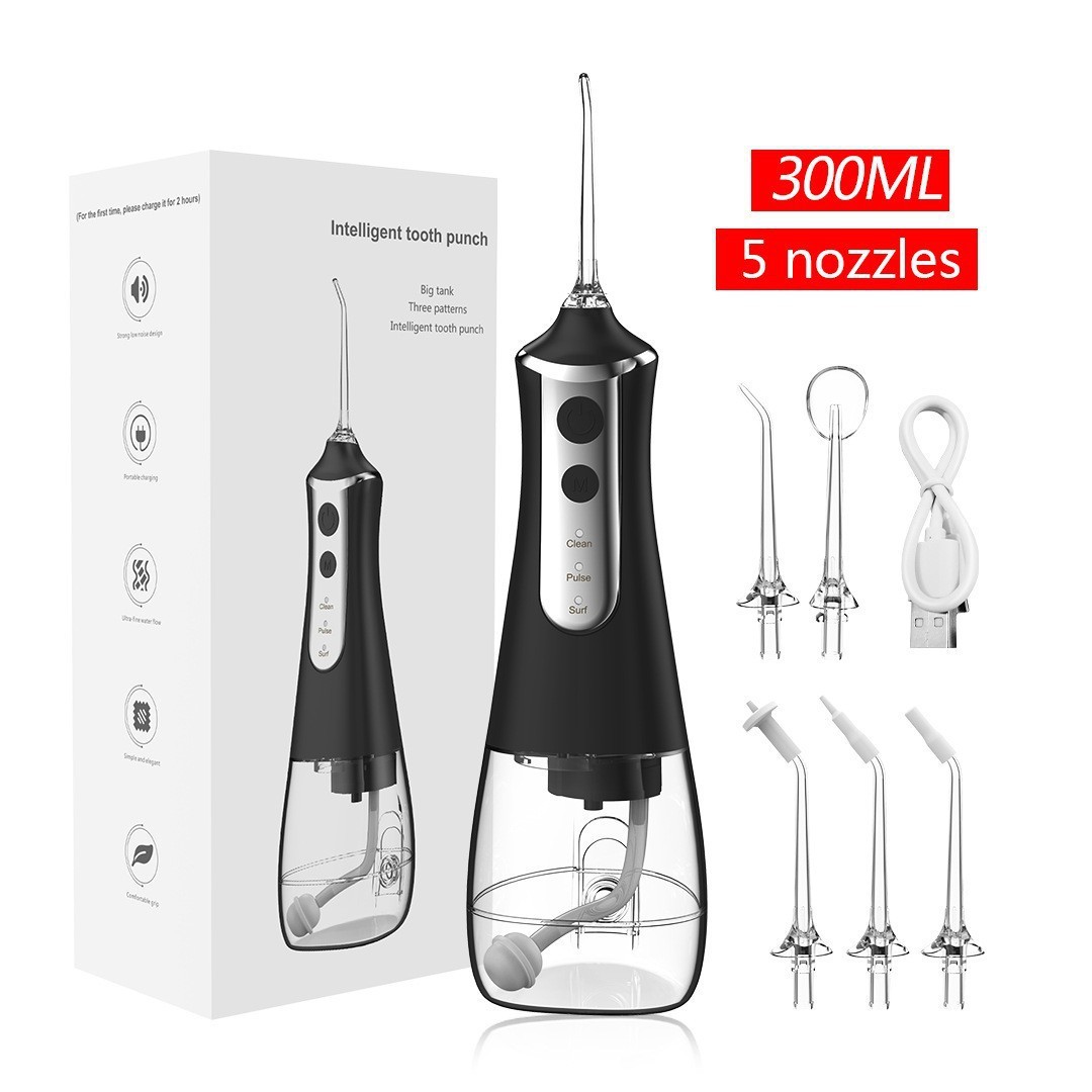 V888-ELOSUNG16045-214636-00 Black 300ML Cordless Water Flosser with 5 Nozzles - Rechargeable Portable Oral Irrigator - Image 1
