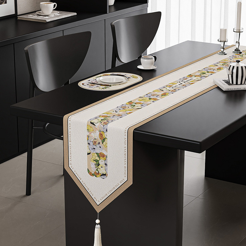 V888-ELOSUNG16059-214333-00 Yellow Flower Elegant Green Botanical Table Runner with Tassels - 30x180cm - Image 1