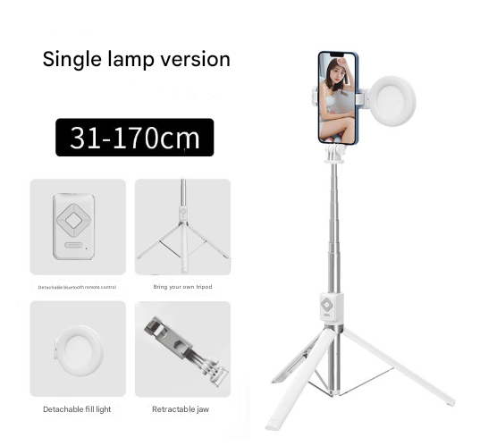 V888-ELOSUNG16114-214517-00 White Single Light 3-in-1 Bluetooth Selfie Stick with Tripod and Remote Control - Adjustable for Smartphones - Image 1