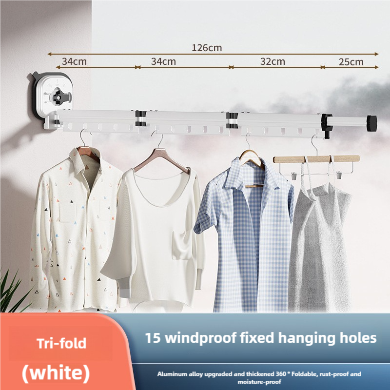 V888-ELOSUNG16237-215272-00 White Wall-Mounted Foldable Clothes Drying Rack - 3-Section Aluminum with 15 Windproof Hooks - Image 1