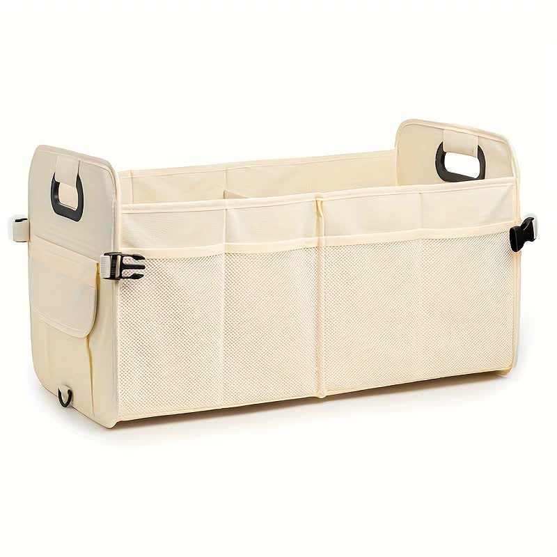 V888-ELOSUNG16247-215713-00 Beige Foldable Car Trunk Organizer - Multi-Compartment Storage Box with Handles - Image 1