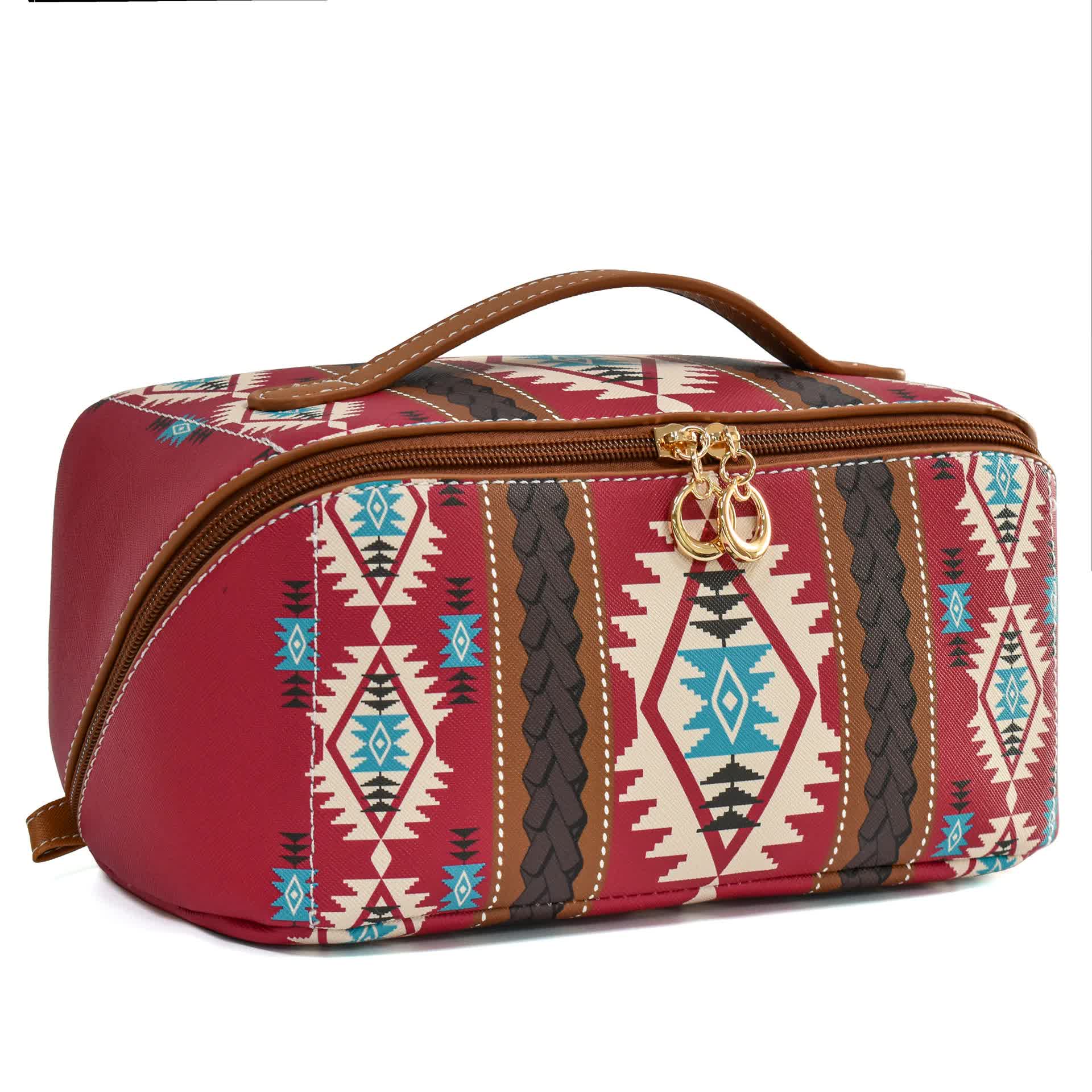 V888-ELOSUNG16270-215531-00 Red Horizontal Pattern Boho Travel Cosmetic Bag - Large Waterproof Makeup Organizer with Handle - Image 1